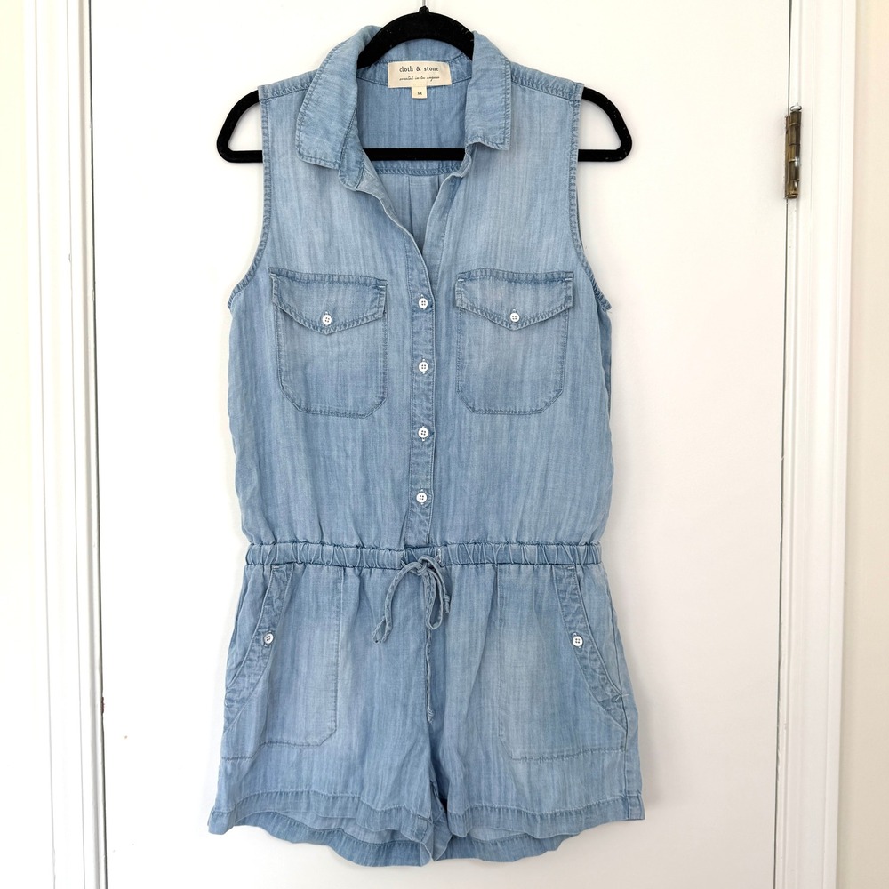 Cloth & Stone Womens Blue Tencel Sleeveless Button Front Romper Medium